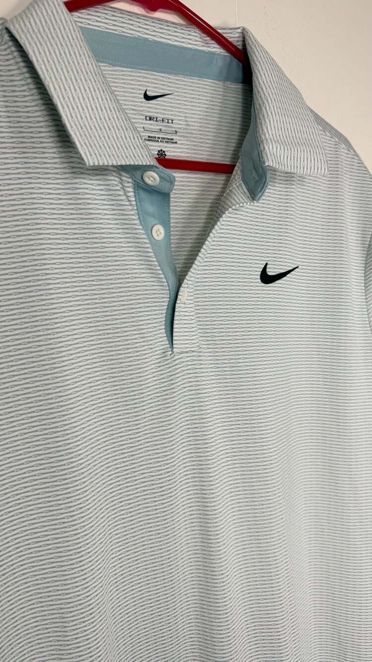 Nike Dri-FIT Polo Shirt Size L White Blue Striped Golf Short Sleeve